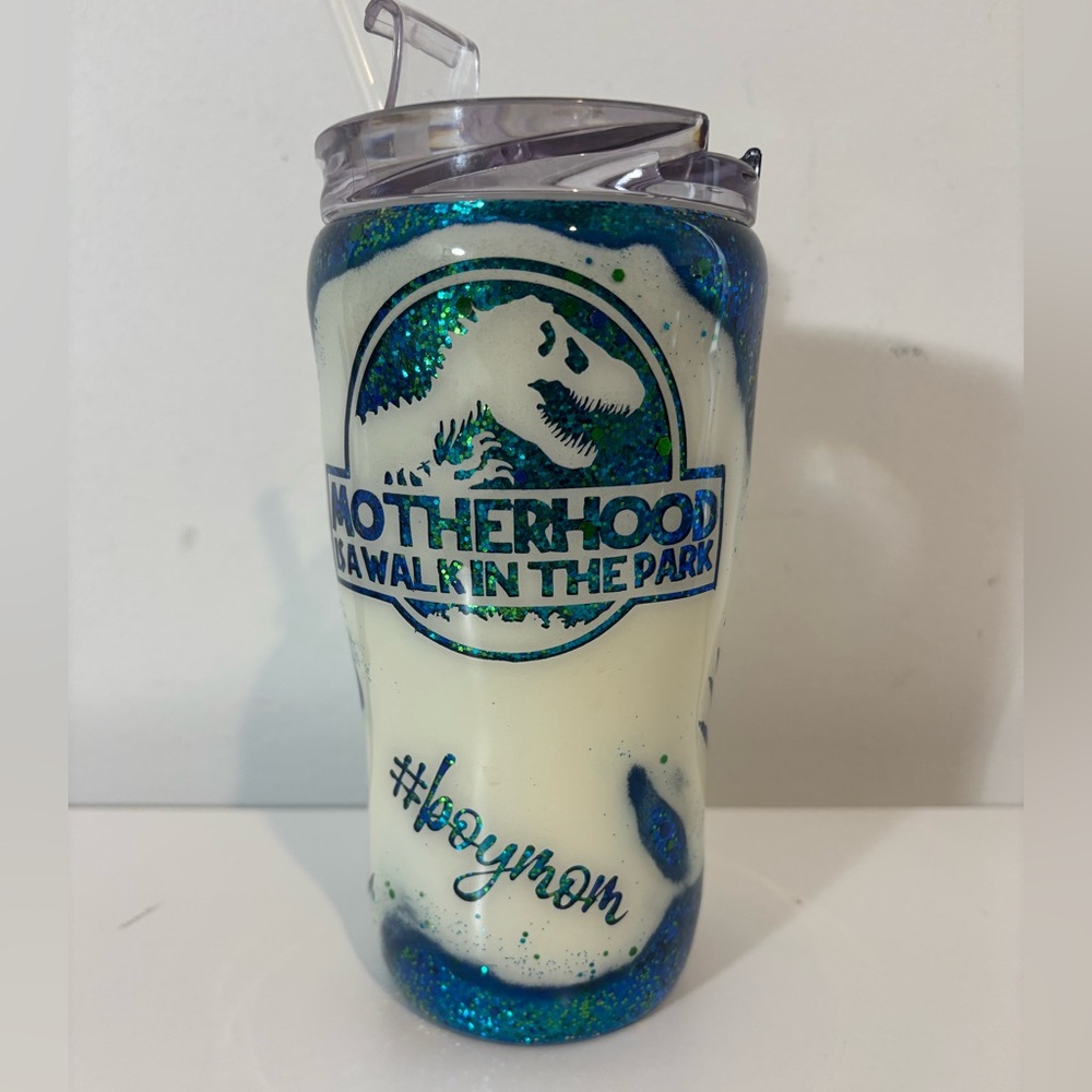 Dinosaur Motherhood Mom Life Homemade Epoxy Tumbler Lightly Used Boy Mom